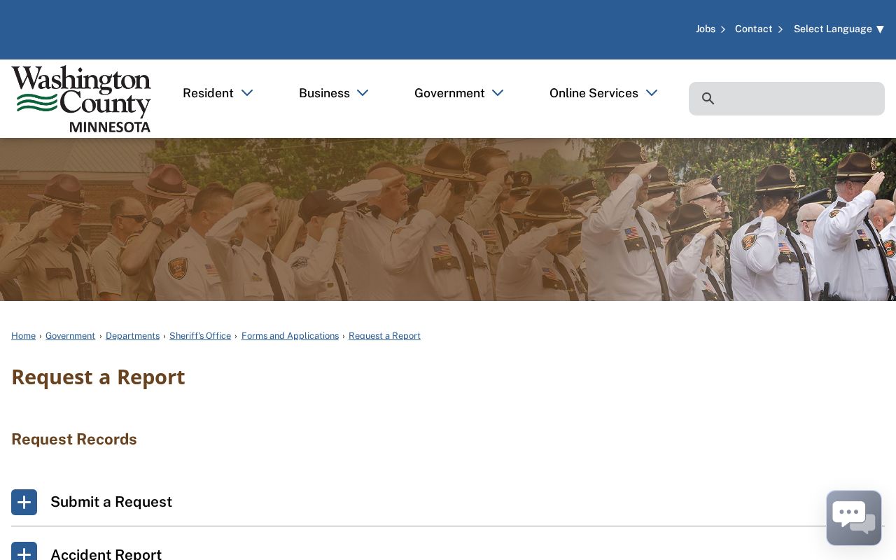 Washington County warrant records request page listing report types and fees