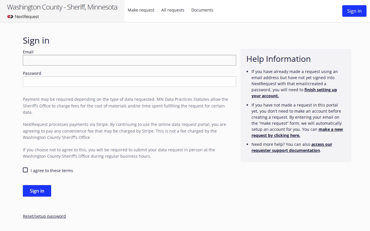 Washington County warrant records portal sign-in page with account and term options