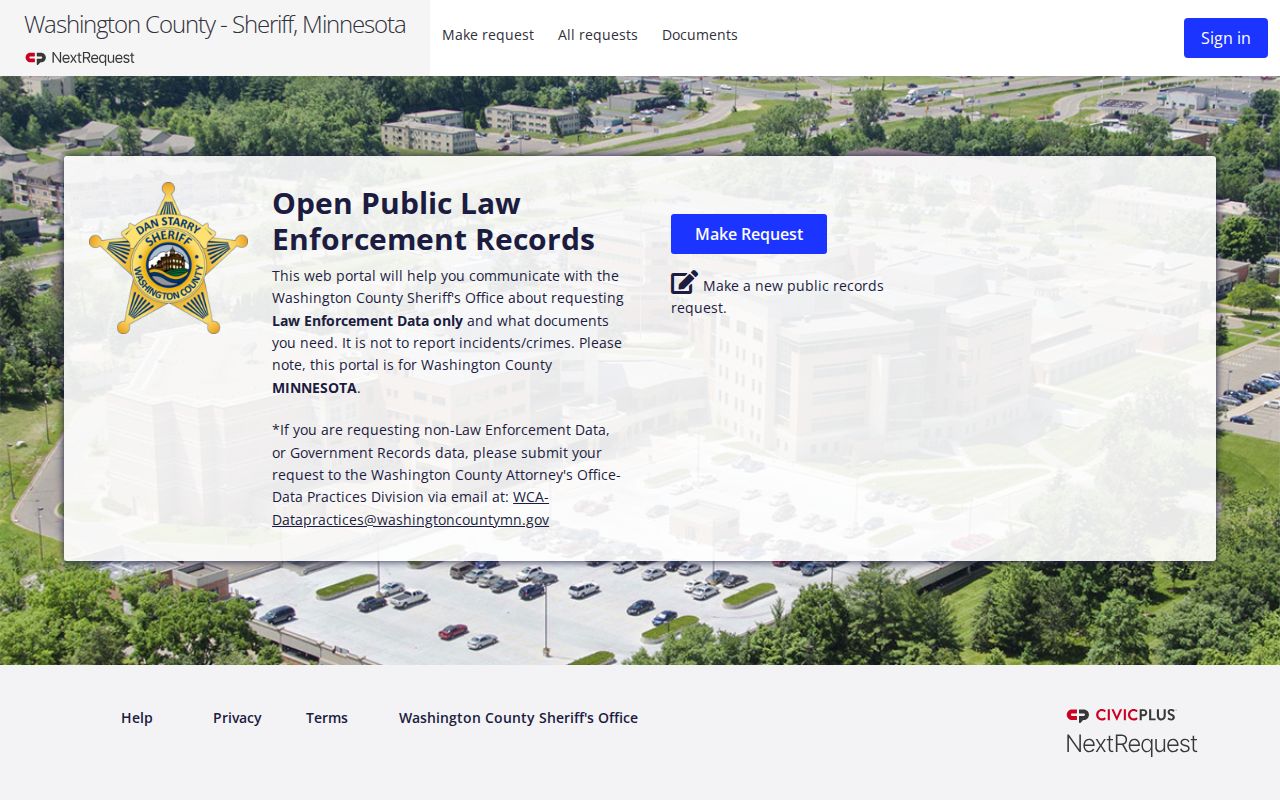 Washington County warrant records portal home page for public law enforcement record requests