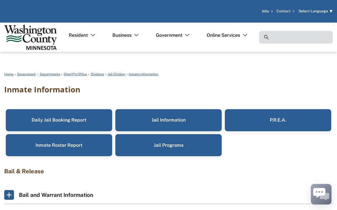 Washington County warrant records custody page covering inmate information and bail