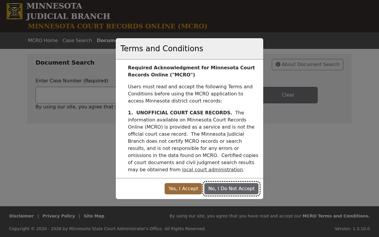 Washington County warrant document lookup page that requires a case number