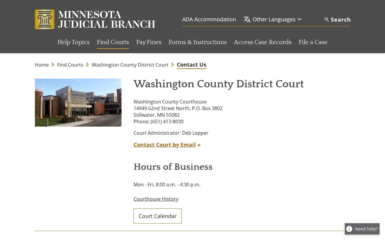 Washington County warrant records contact page with Court Administration and records phone options