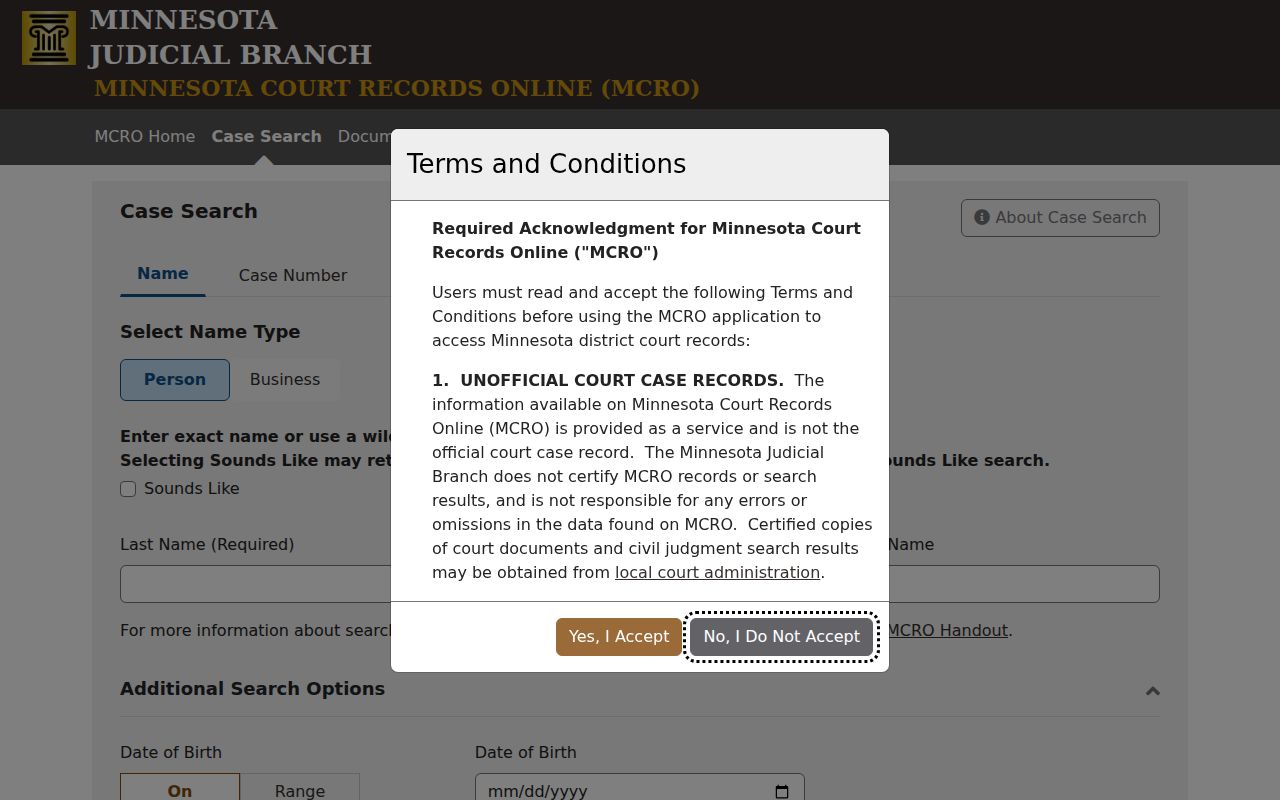 Washington County warrant search results in the Minnesota Court Records Online case search