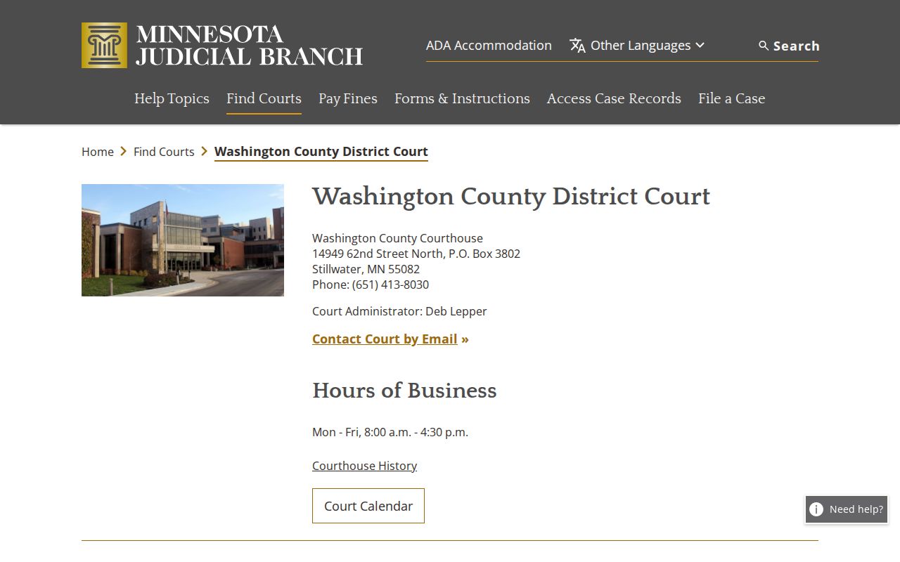 Washington County warrant records court page listing District Court hours and phone numbers