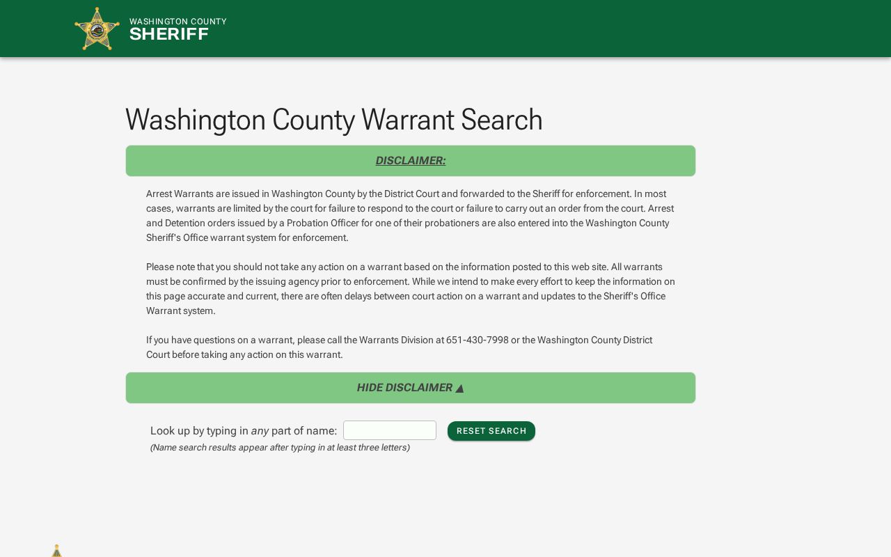 Washington County warrant records lookup with a partial name box and the sheriff's confirmation warning