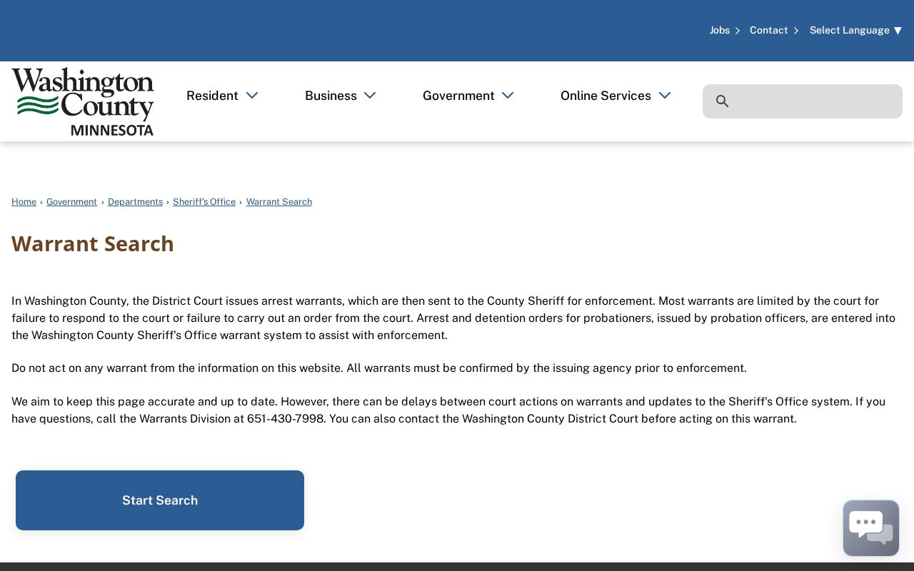 Washington County warrant records landing page explaining District Court issuance and the warrant phone line